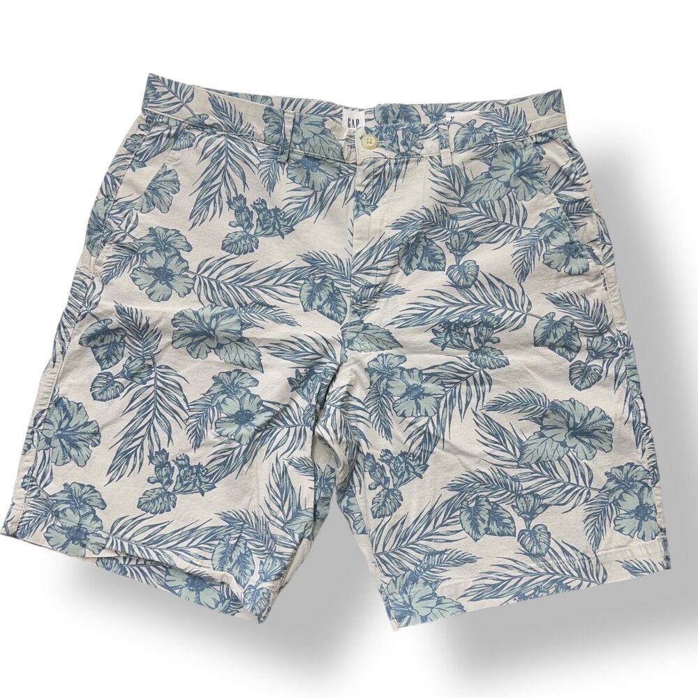 Gap Mens Floral Shorts size 34 White Blue Flowers Flat Front Cotton Stretch